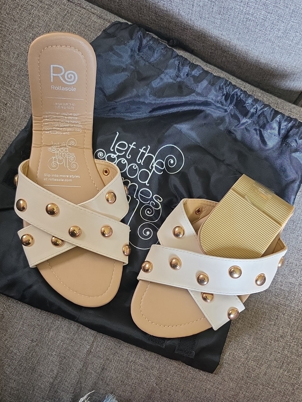 Rollasole Foldable Travel Cream Slide Sandals with Gold Stud Accents